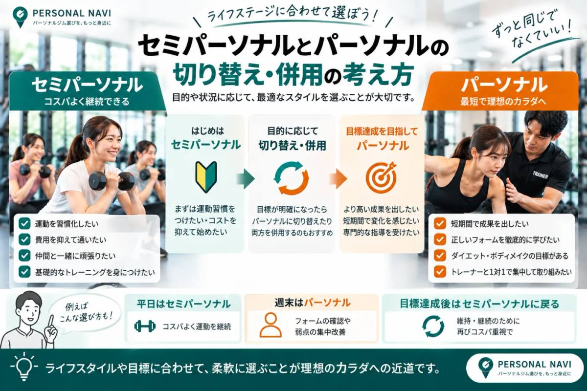 セミパーソナルとパーソナルを切り替え・併用する組み合わせパターンの図解|はじめは習慣づくり、途中で切り替え、目標達成期にパーソナル