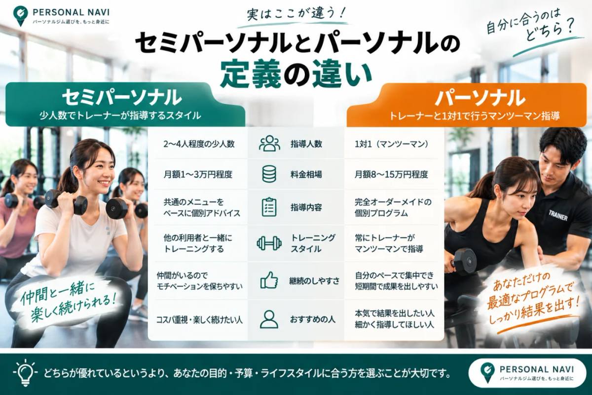 セミパーソナルとパーソナルの定義の違いを比較した図解|指導人数・料金相場・指導内容・トレーニングスタイル・継続のしやすさ・向いている人