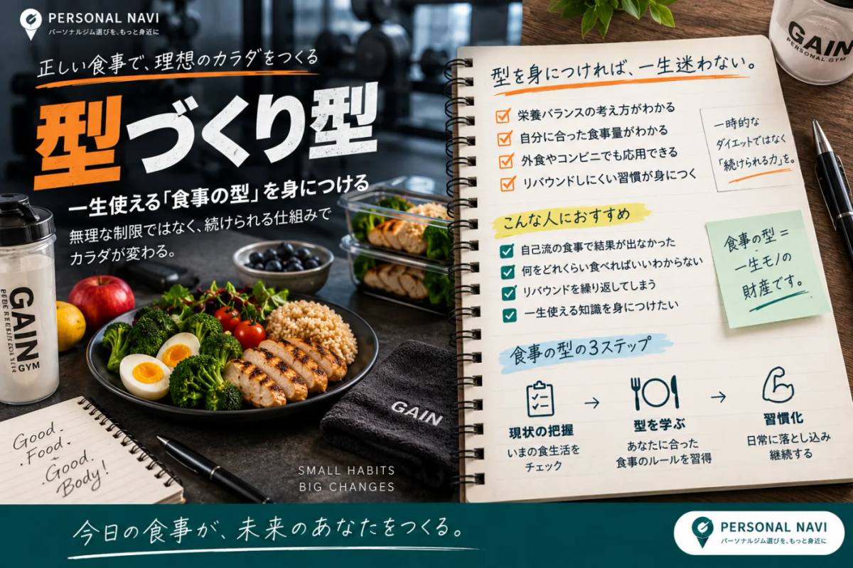 食事の型づくり型の考え方を示した図解|バランスの取れた食事プレートとノートに整理された食事の型3ステップ