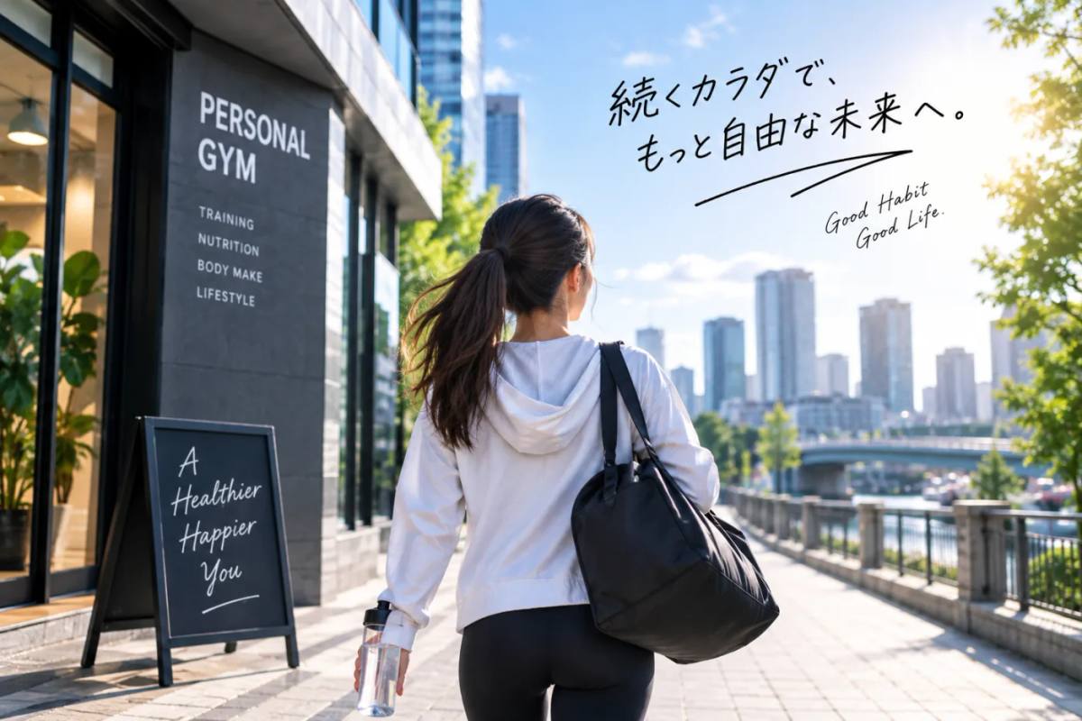 PERSONAL GYMの看板が見える街を歩く女性の後ろ姿|自分に合うジムを探す場面