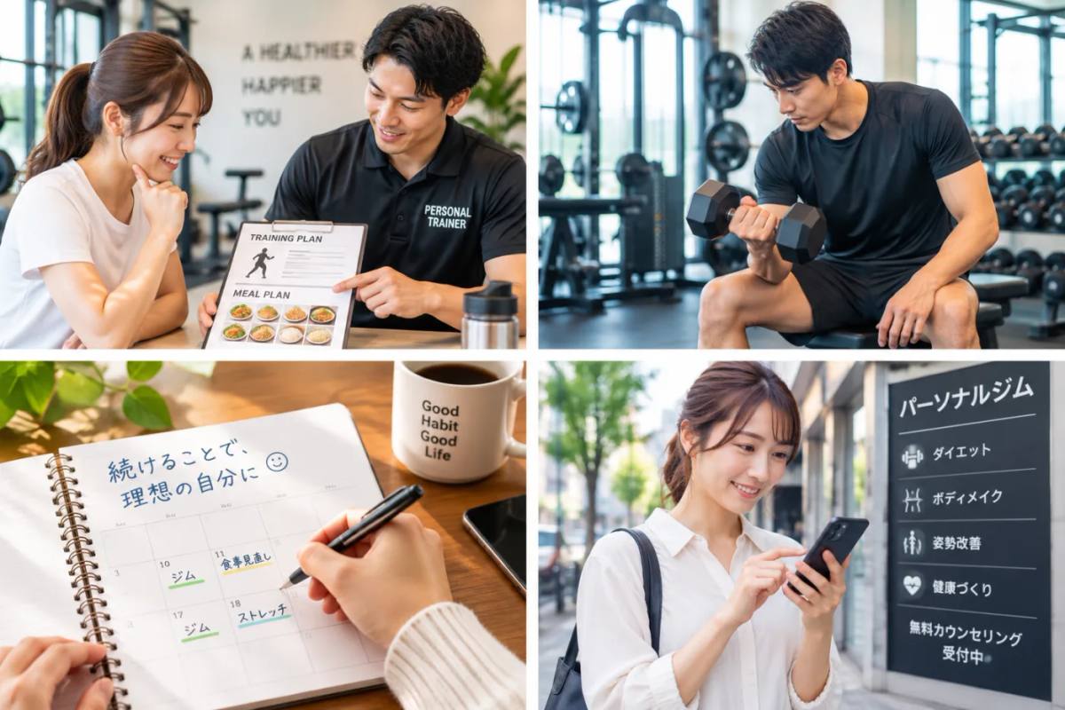 パーソナルジムに通っている間の場面をまとめたイメージ|トレーナーとの計画づくり・トレーニング・記録・ジム選び