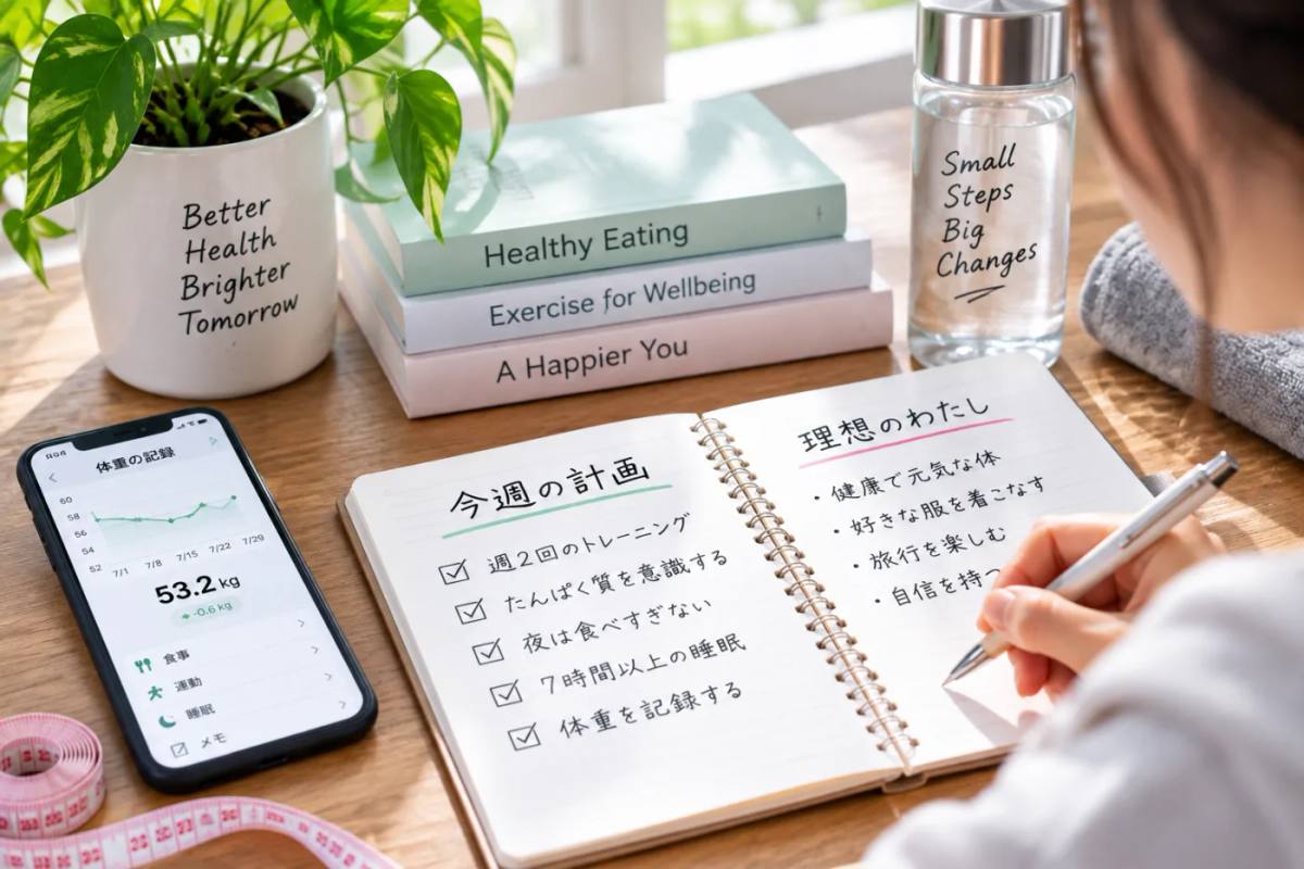 今週の計画を書き込むノートと体重を記録するアプリの手元|習慣を見直す場面